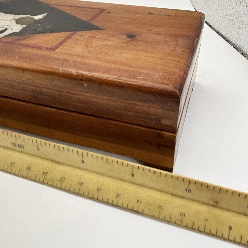 Vtg Wooden Jewelry / Trinket Box Dove Tail Joints Mirrored Dog Terrier HandPaint